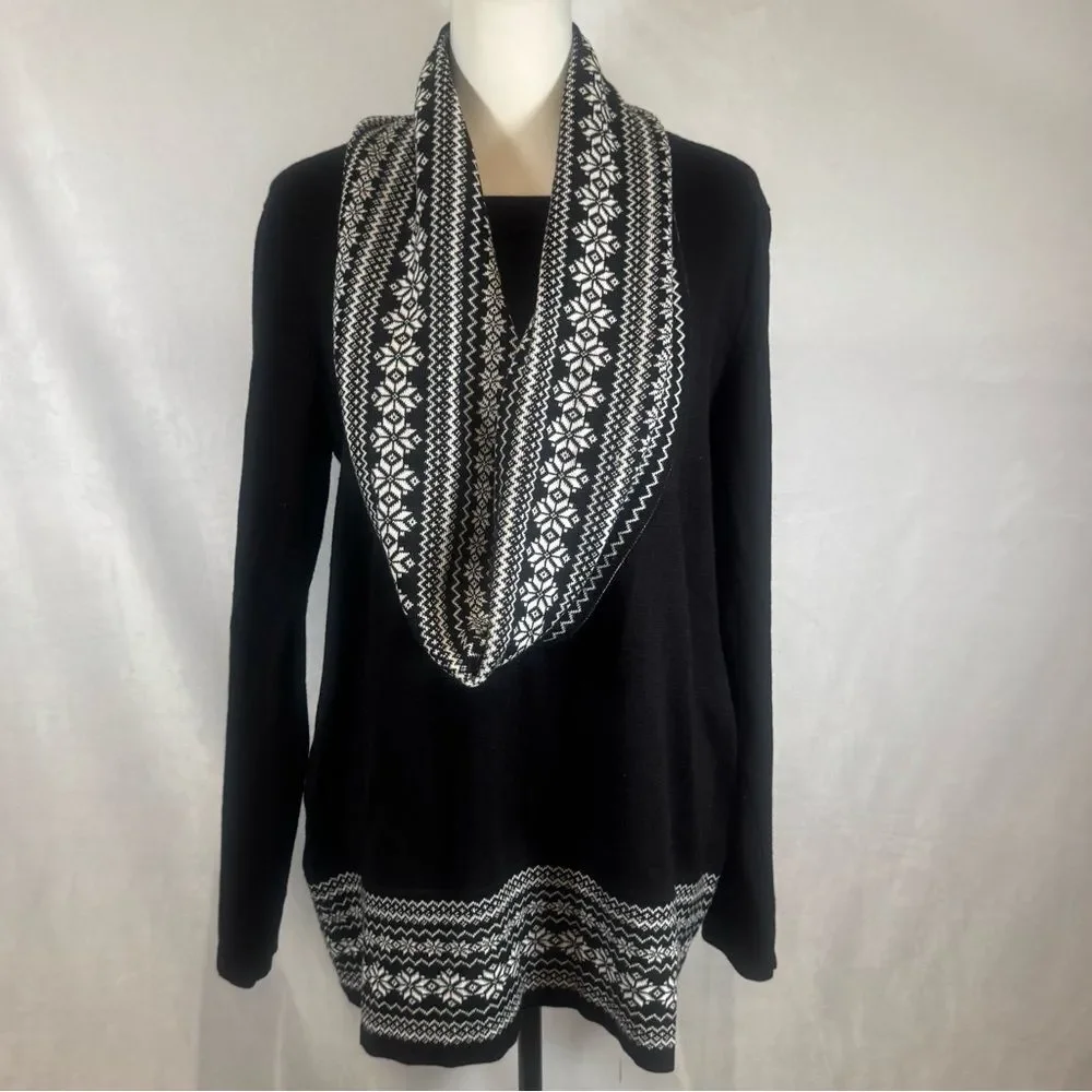 Kim Rogers black and white snowflake reversible removable scarf sweater large